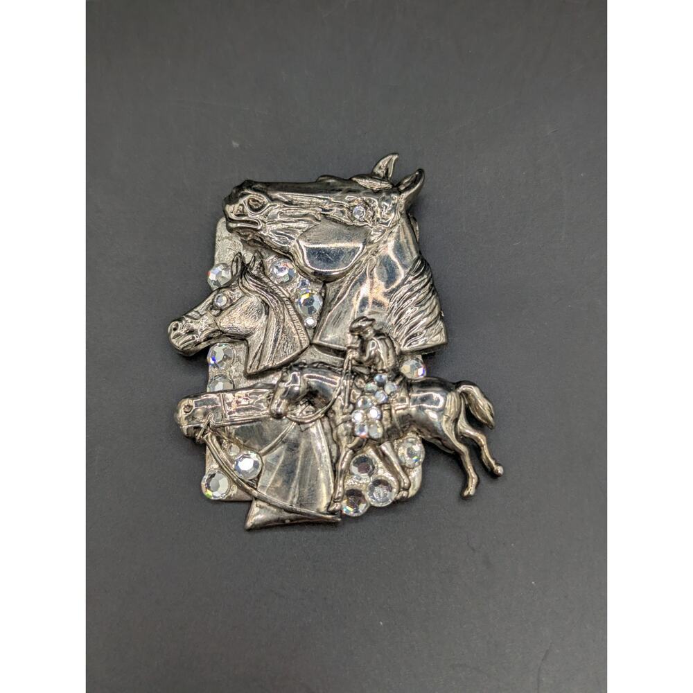 Vintage Dotti Silver Tone Equestrian Brooch Rhinestone 3 Head Horse & Rider Pin